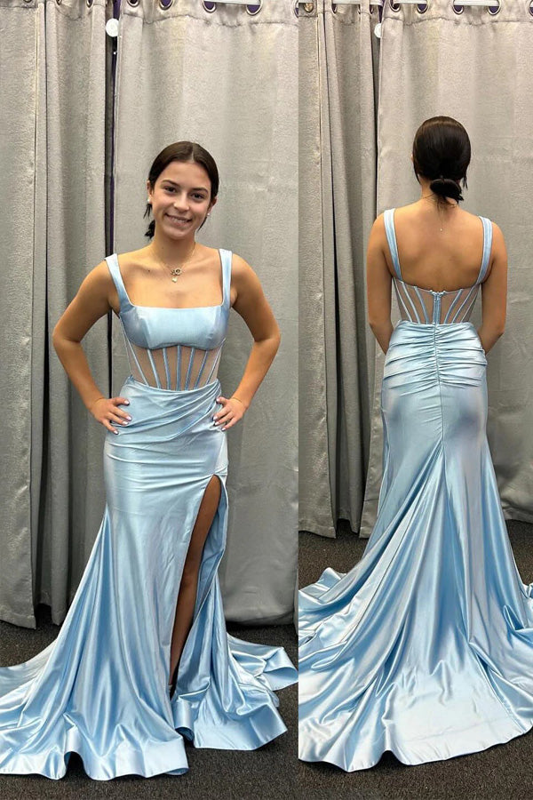 Light Blue Corset Satin Fitted Long Prom Dress Party Dress TP1397-Tirdress