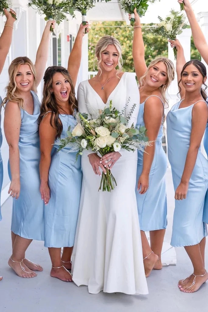 Light Blue Cowl Neck Straps Calf-Length Bridesmaid Dress BD062 US10 / As Picture