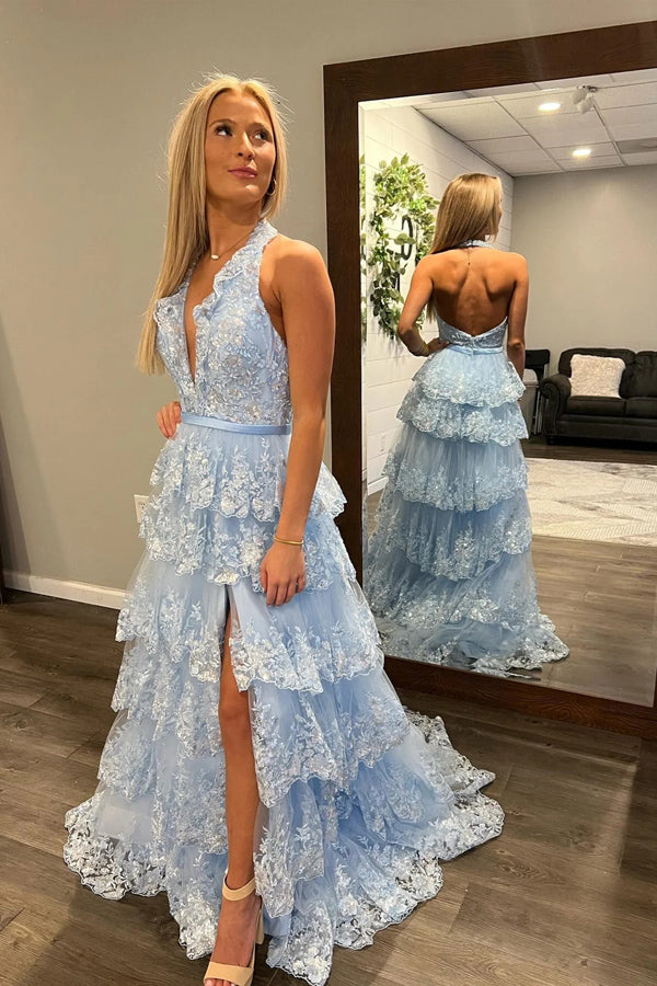 Light Blue Halter Neck Layers Floral Long Prom Dress with Slit TP1273-Tirdress