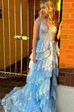 Light Blue Lace Tiered Tulle Long Corset Prom Dresses TP1318