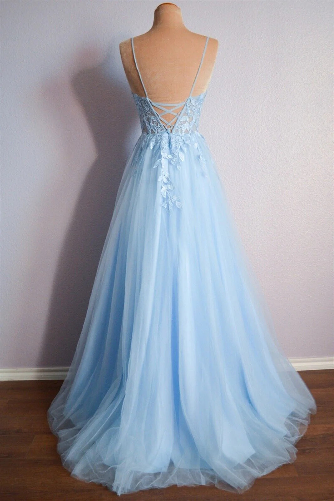 Light Blue V Neck Lace-Up Appliques Tulle Long Prom Dress Evening Dress  TP1227-Tirdress