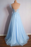Light Blue V Neck Lace-Up Appliques Tulle Long Prom Dress Evening Dress  TP1227-Tirdress