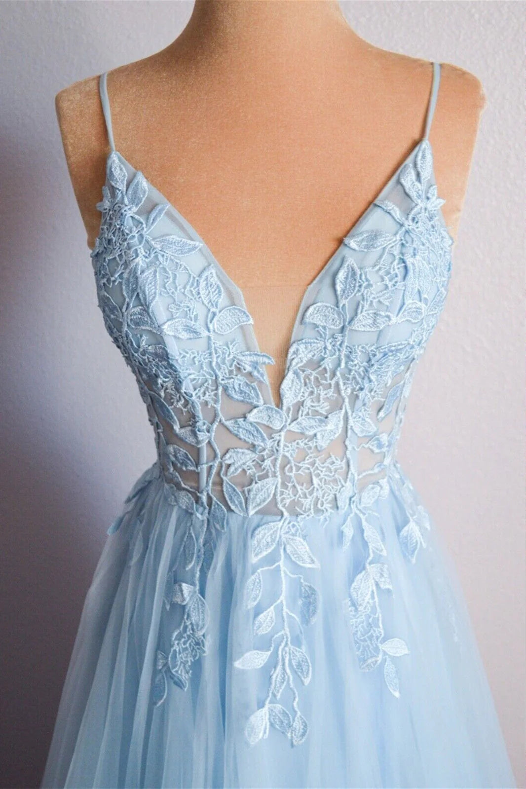 Light Blue V Neck Lace-Up Appliques Tulle Long Prom Dress Evening Dress  TP1227-Tirdress