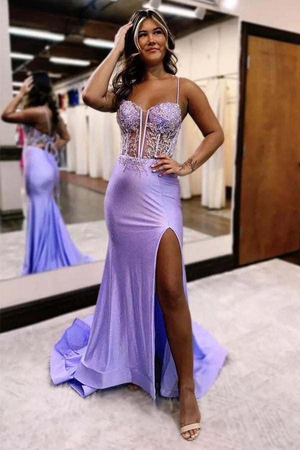 Robe de bal longue à bretelles spaghetti et haut pailleté de style sirène lilas avec fente TP1307