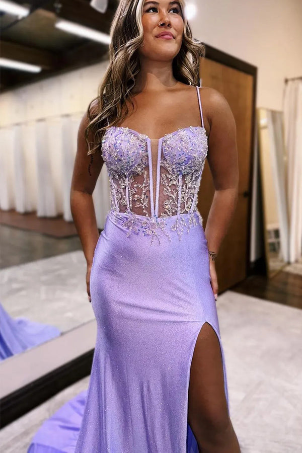 Robe de bal longue à bretelles spaghetti et haut pailleté de style sirène lilas avec fente TP1307