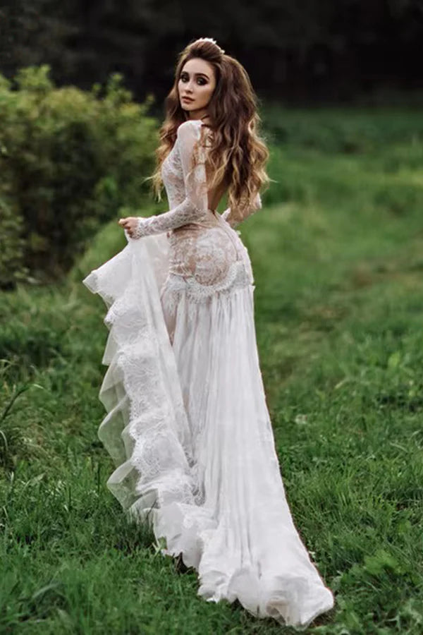 Mermaid Backless Long sleeves Lace Bohemian Wedding Dress TN404-Tirdress