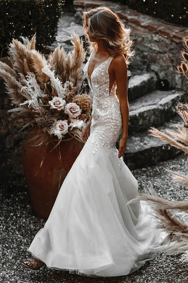 Mermaid Deep V Neck Bohemian Wedding Dress with 3D Embroidery-Tirdress