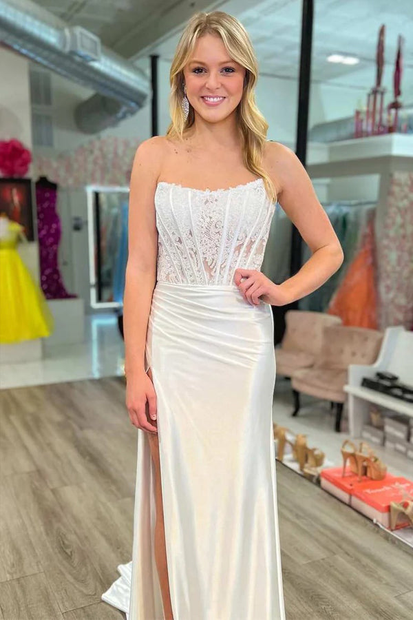Mermaid Lace Satin Strapless Black Long Prom Dress with Slit TP1335-Tirdress