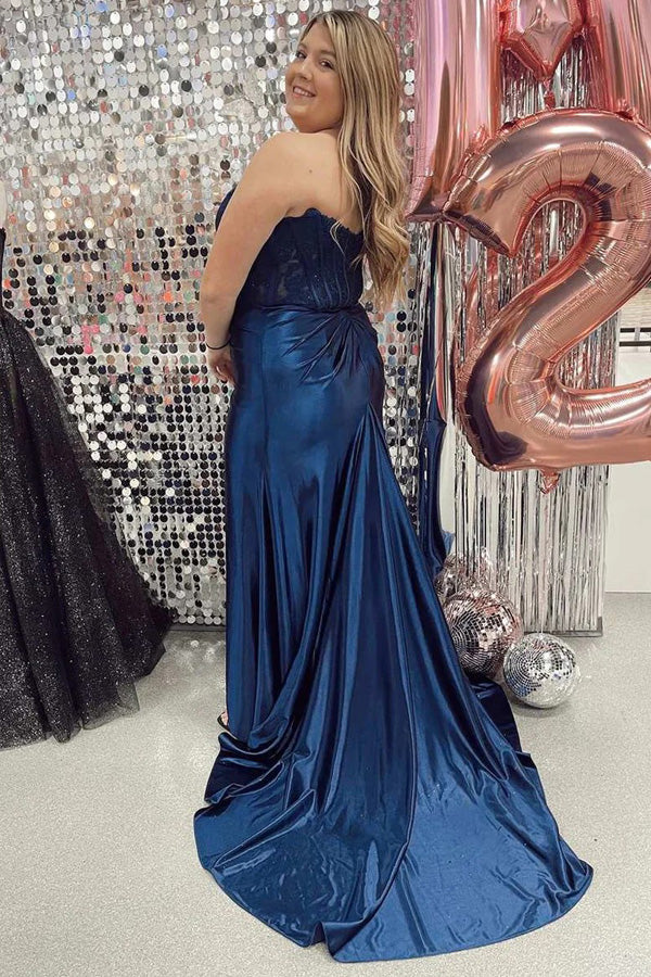 Mermaid Lace Satin Strapless Black Long Prom Dress with Slit TP1335-Tirdress