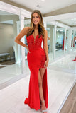 Mermaid Red Lace Long Prom Dresses with High Slit TP1310