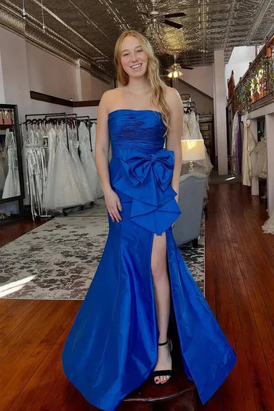 blue pleated prom dress Royal Blue Strapless V-Neck Pleated Long Prom Dress with Slit – Modsele main image 1