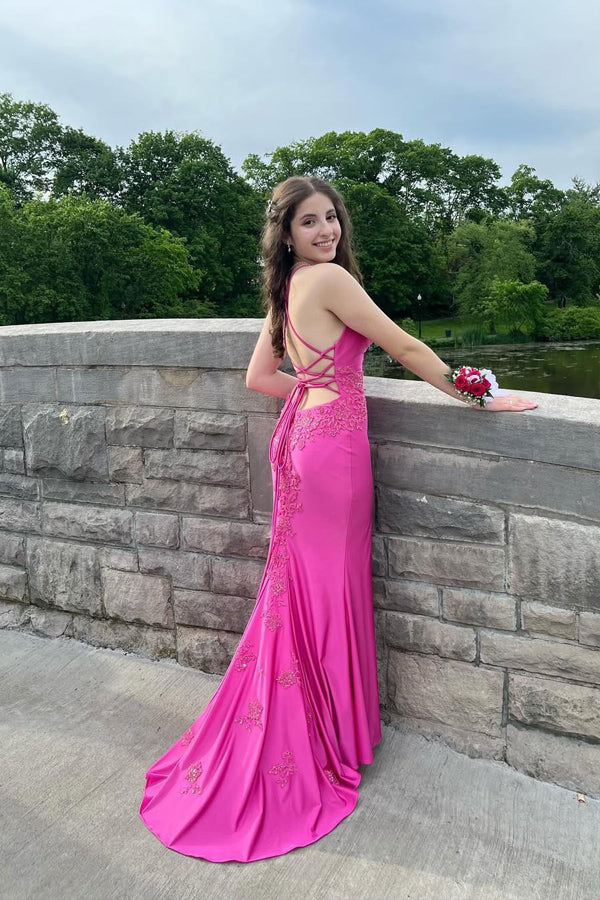 Mermaid Spaghetti Straps Appliques Fuchsia Long Prom Dress with Slit TP1351-Tirdress