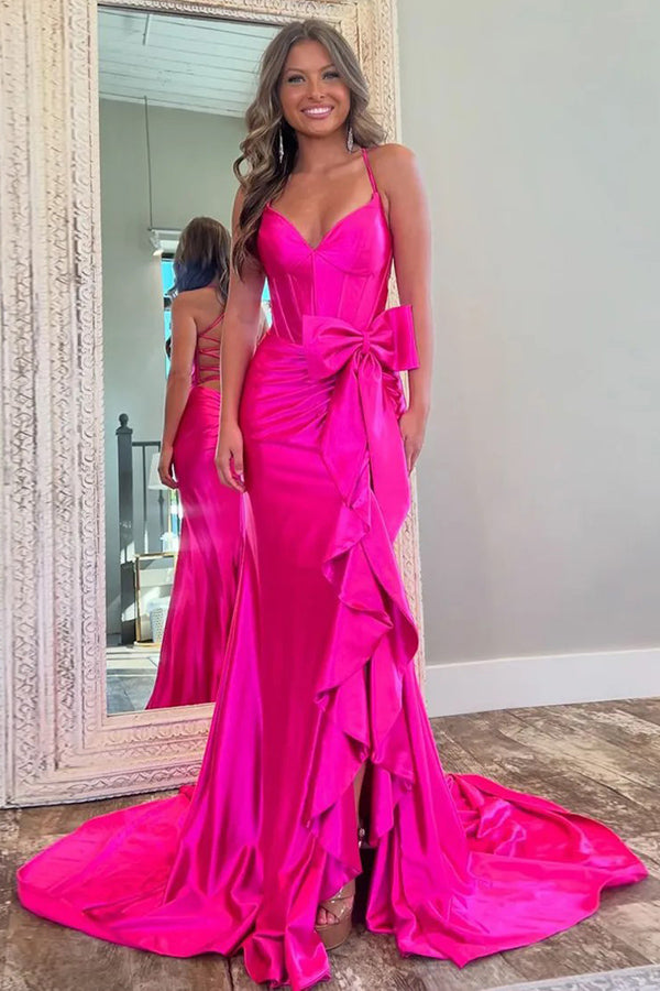 Mermaid Spaghetti Straps Corset Pink Long Prom Dress with Slit TP1345-Tirdress