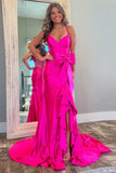 Mermaid Spaghetti Straps Corset Pink Long Prom Dress with Slit TP1345-Tirdress