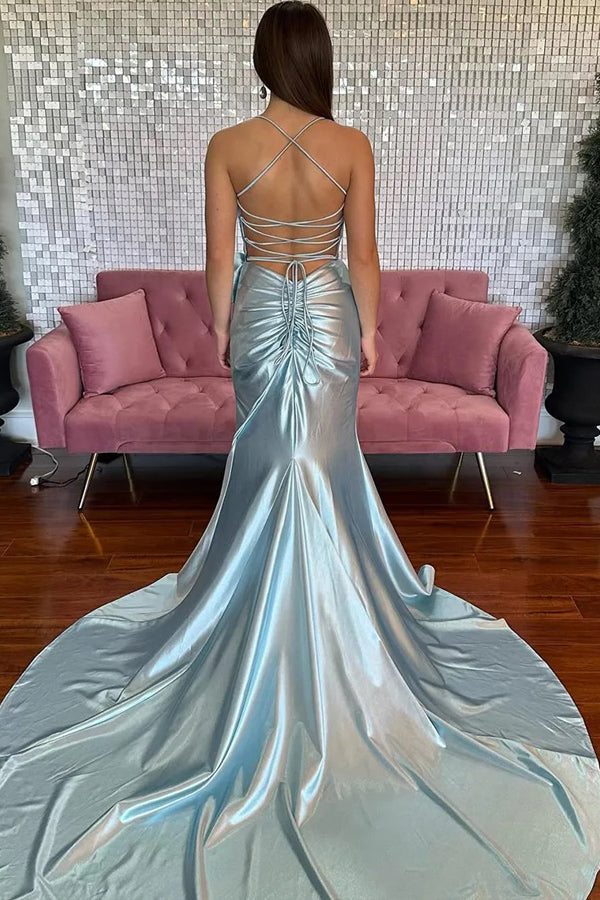 Mermaid Spaghetti Straps Corset Pink Long Prom Dress with Slit TP1345-Tirdress