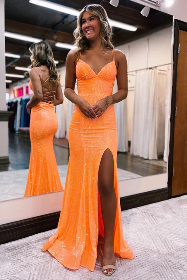 Robe de bal sirène orange à bretelles spaghetti et lacets avec fente TP1232