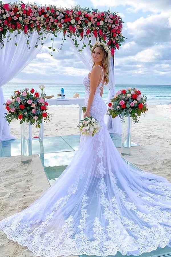 Mermaid Spaghetti Straps Lace Wedding Dress Beach Bridal Gown TN360 US8 / Ivory