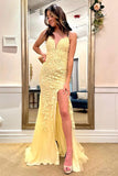 Robe de bal longue jaune à bretelles spaghetti et sirène avec appliques TP1304
