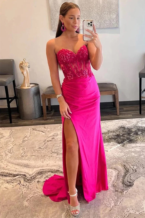 Mermaid Strapless Hot Pink Corset Long Prom Dress with Slit TP1279-Tirdress