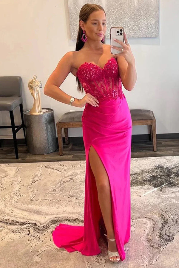 Mermaid Strapless Hot Pink Corset Long Prom Dress with Slit TP1279-Tirdress