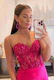 Mermaid Strapless Hot Pink Corset Long Prom Dress with Slit TP1279-Tirdress