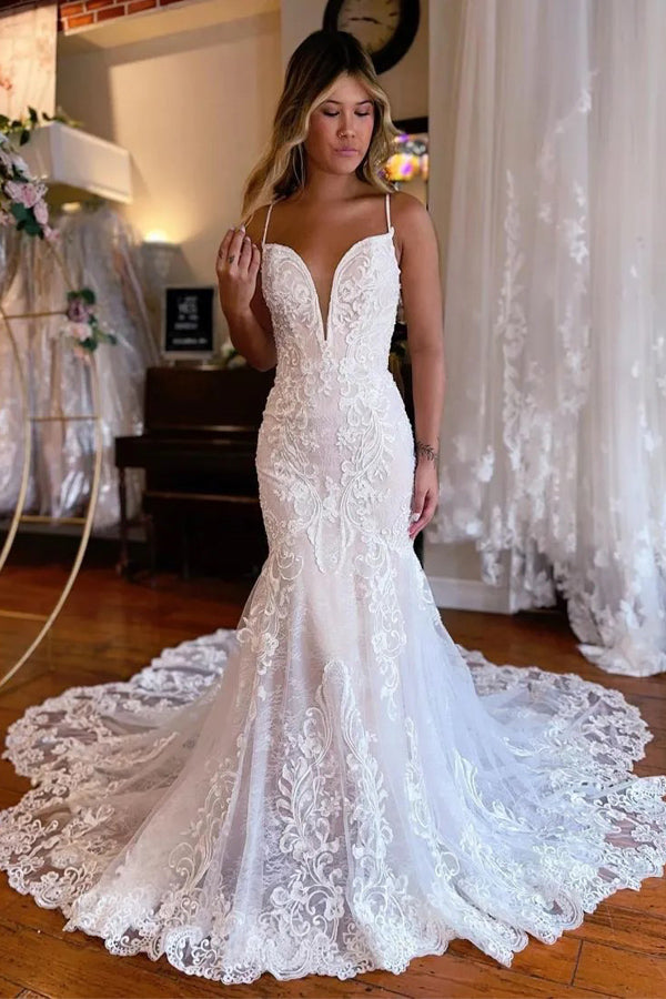 Mermaid Straps Chapel Train Boho Wedding Dress With Appliques TD0015-Tirdress