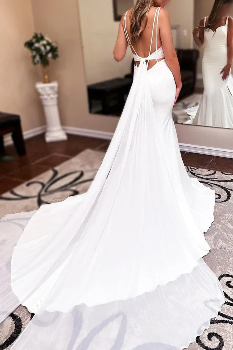 Mermaid Straps Modest Wedding Dress With Court Train-Tirdress