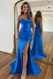 Robe de bal sirène décolleté en cœur bleu royal avec corset fendu TP1285