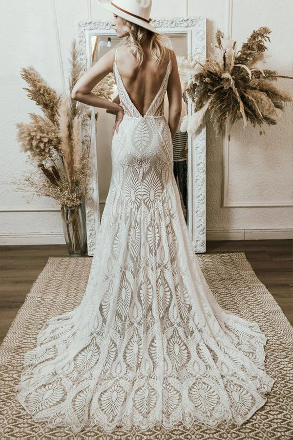 Mermaid V Neck Lace Bohemian Long Wedding Dress TD0014-Tirdress