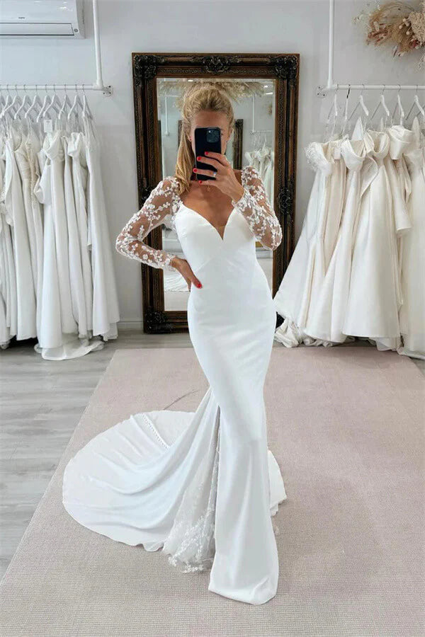 Mermaid V Neck Long Sleeves Lace Appliques Wedding Dress-Tirdress