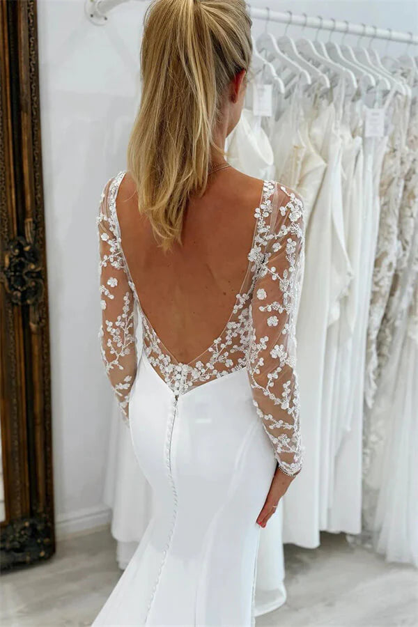 Mermaid V Neck Long Sleeves Lace Appliques Wedding Dress-Tirdress