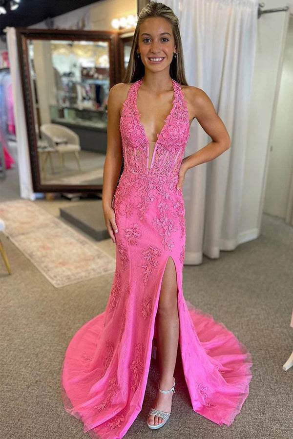 Mermaid V Neck Pink Long Prom Dress with Appliques TP1338-Tirdress