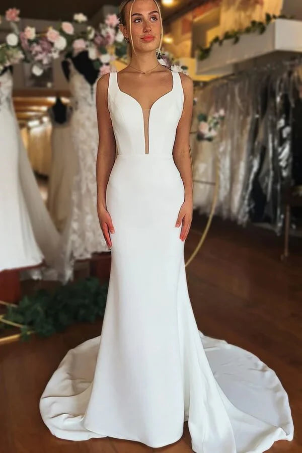 Mermaid V Neck Sweep Train Simple Wedding Dresses With Bow-Tirdress