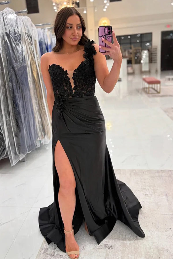 Mermaid One Shoulder Black Long Satin Prom Dress With Split TP1392-Tirdress