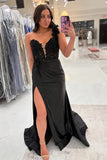 Mermaid One Shoulder Black Long Satin Prom Dress With Split TP1392-Tirdress