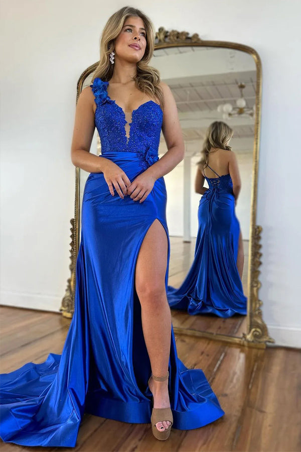 Mermaid One Shoulder Black Long Satin Prom Dress With Split TP1392-Tirdress
