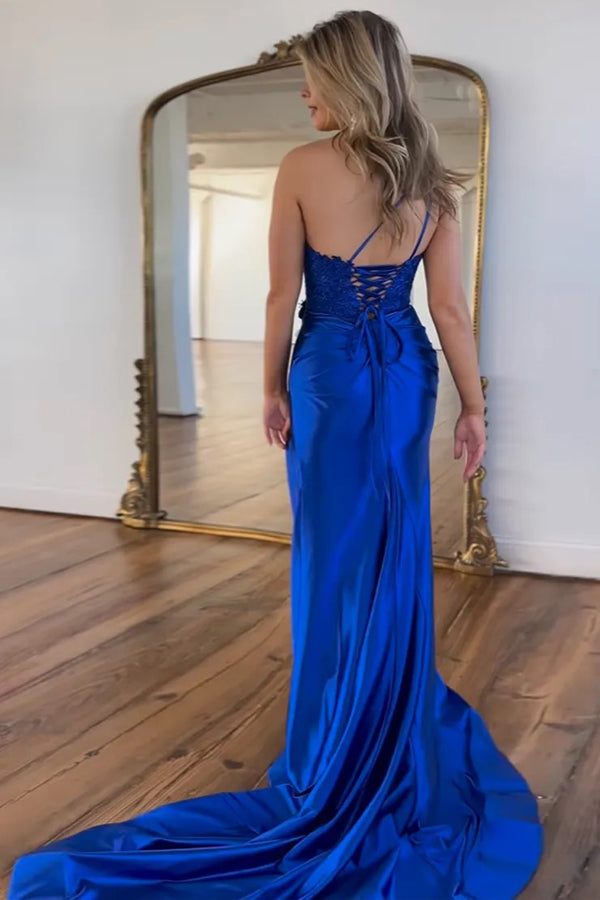 Mermaid One Shoulder Black Long Satin Prom Dress With Split TP1392-Tirdress
