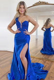 Mermaid One Shoulder Black Long Satin Prom Dress With Split TP1392-Tirdress