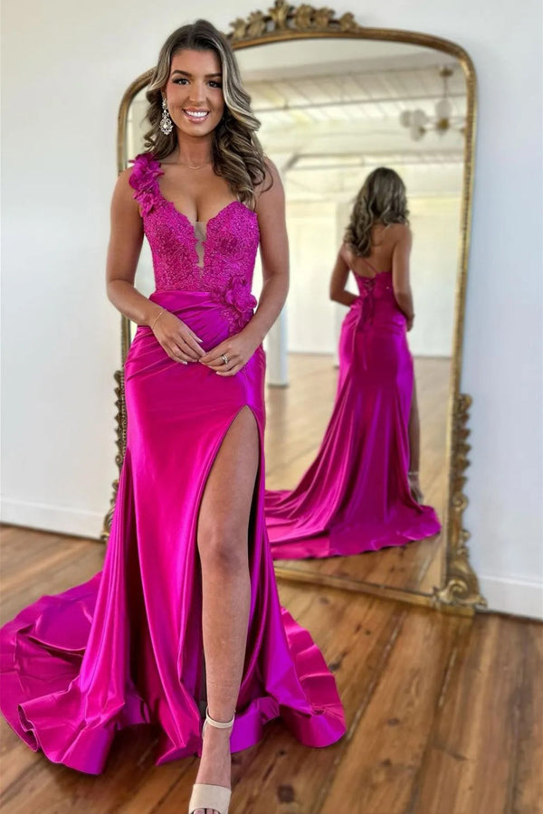 Mermaid One Shoulder Black Long Satin Prom Dress With Split TP1392-Tirdress
