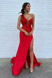 Mermaid One Shoulder Black Long Satin Prom Dress With Split TP1392-Tirdress
