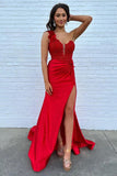 Mermaid One Shoulder Black Long Satin Prom Dress With Split TP1392-Tirdress