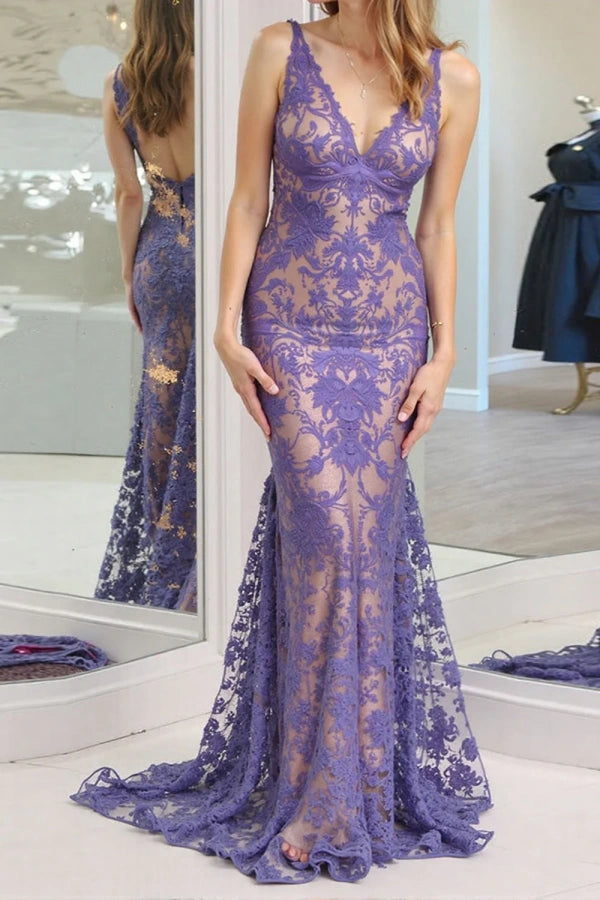 Mermaid Purple V-Neck Backless Prom Dress with Lace TP1395-Tirdress