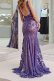 Mermaid Purple V-Neck Backless Prom Dress with Lace TP1395-Tirdress