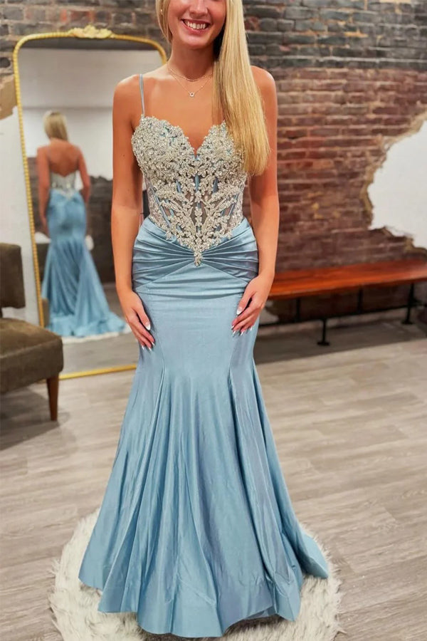 Mermaid Spaghetti Straps Appliques Pleated Blue Prom Dress-Tirdress
