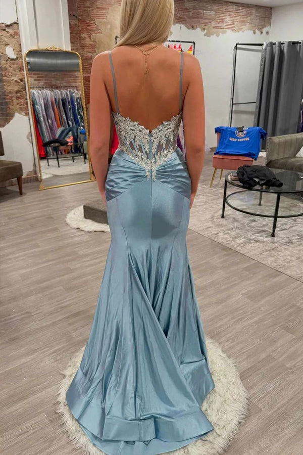 Mermaid Spaghetti Straps Appliques Pleated Blue Prom Dress-Tirdress