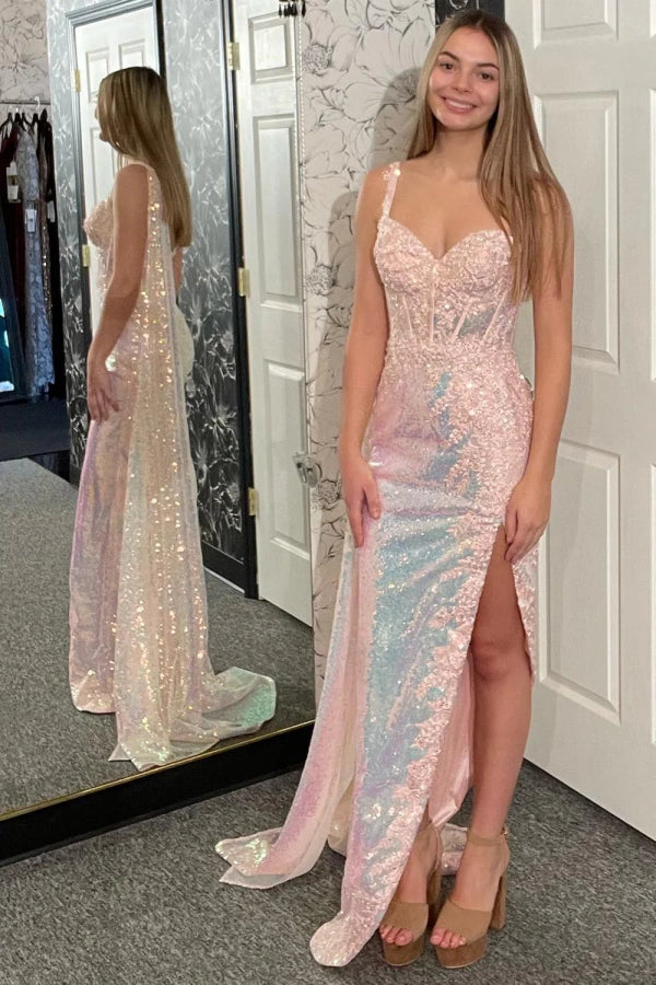 Mermaid Sparkly Pink One Shoulder Sequined Appliques Prom Dress with Slit TP1372-Tirdress