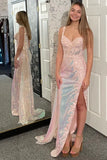 Mermaid Sparkly One Shoulder Sequined Appliques Pink Prom Dress TP1372