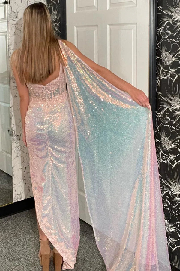 Mermaid Sparkly Pink One Shoulder Sequined Appliques Prom Dress with Slit TP1372-Tirdress