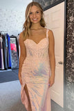 Mermaid Sparkly Pink One Shoulder Sequined Appliques Prom Dress with Slit TP1372-Tirdress