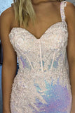 Mermaid Sparkly Pink One Shoulder Sequined Appliques Prom Dress with Slit TP1372-Tirdress